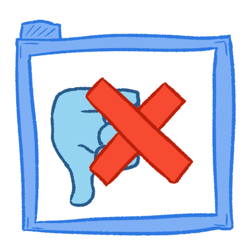 a drawing of a hollow blue folder containing a blue thumbs down and a large red X